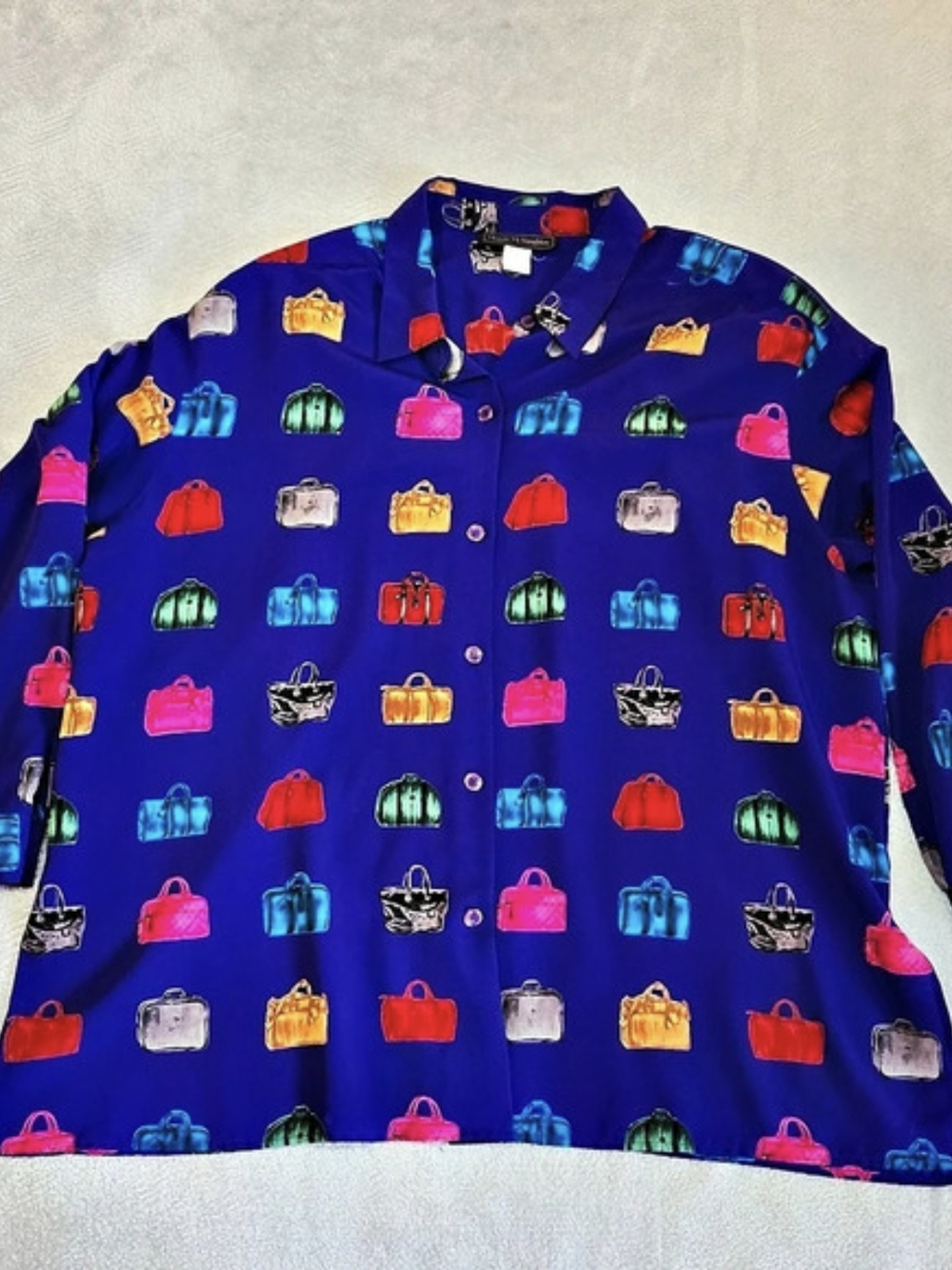 Vintage Purse Print Blouse 2X Royal Purple Novelty Handbag Shoulder Pads